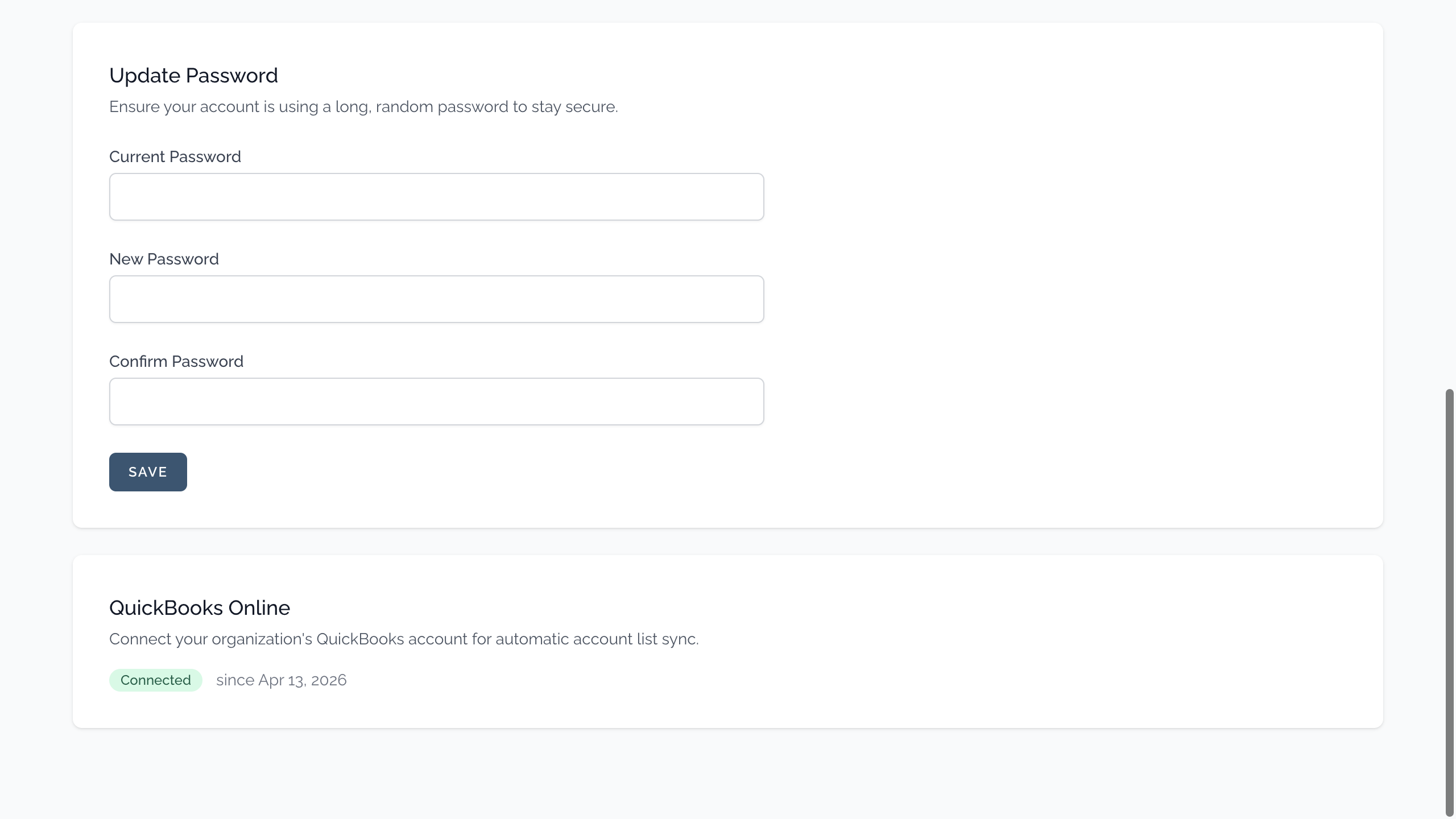 QuickBooks connect setup page