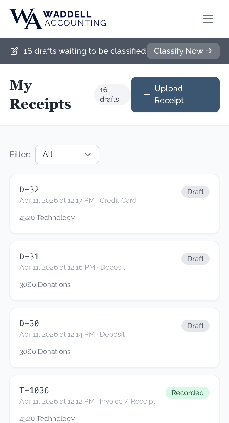 Receipts list on a phone