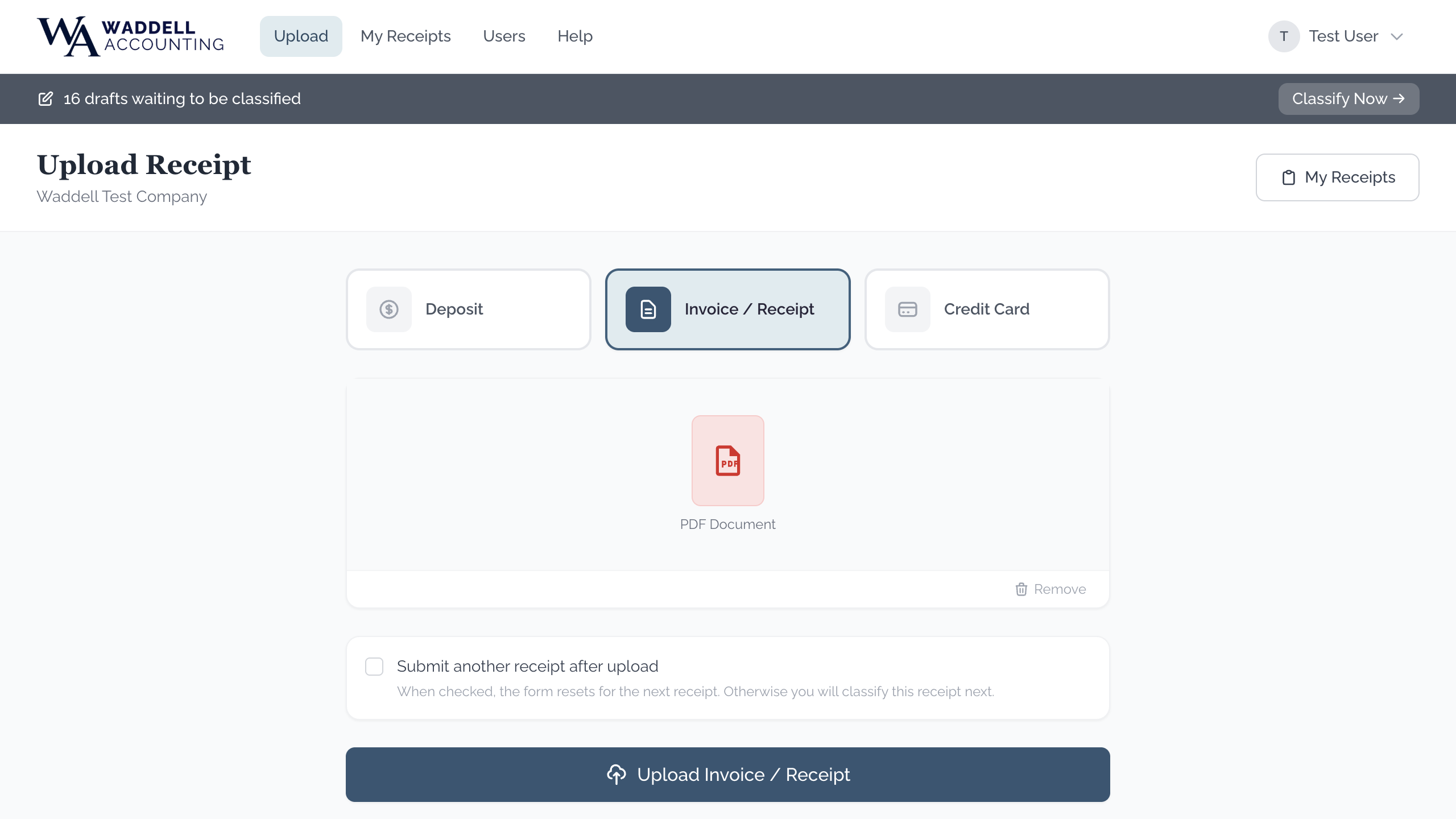 Upload page with file selected